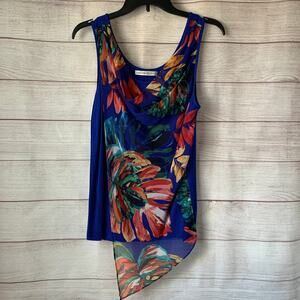 Signature Collection Blue Floral Sleeveless Blouse Tank Top Draped Size S